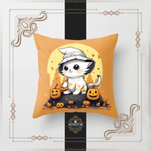 Enchanted Autumn Whiskers: Bewitching Cat with Halloween Flair Throw Pillow