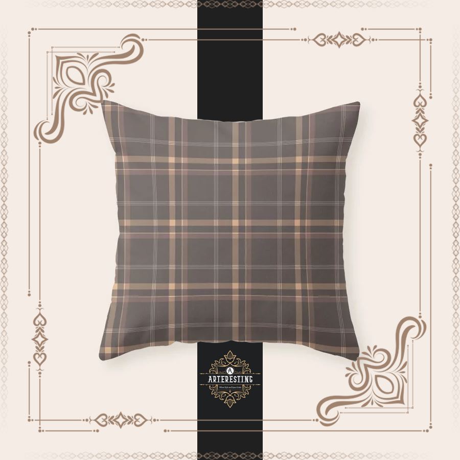 Autumn Hearth: Rustic Brown-Beige Tartan Style Throw Pillow