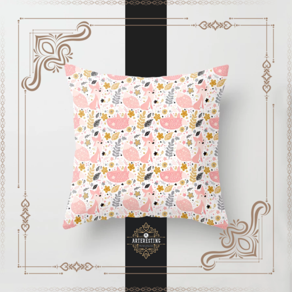 Pink Lovely Seamless Nature Cute Fox in the Garden Throw Pillow