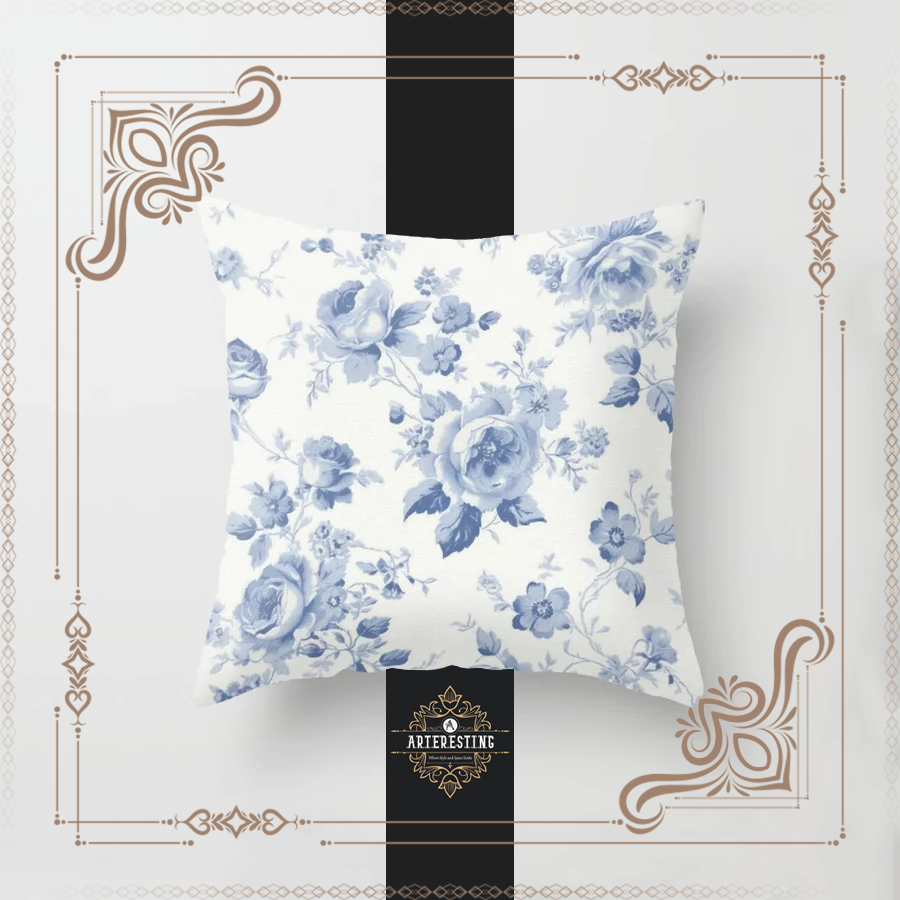 Mid-Century Blue Rose Serenade: Vintage Cottage Florals Throw Pillow