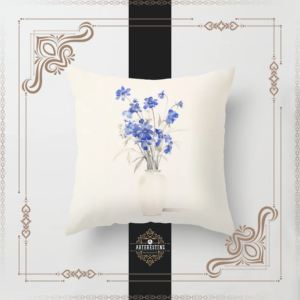 Vintage Floral Symphony: Blue Blooms in a Mid-Century White Vase Throw Pillow