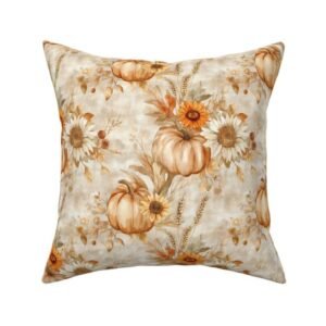 Throw Pillow in Lovely Autumn Leaves and Pumpkin Pattern
