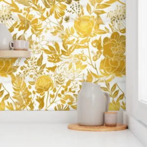 Wallpaper in Golden Memories Mid-Century Cottage Floral Art