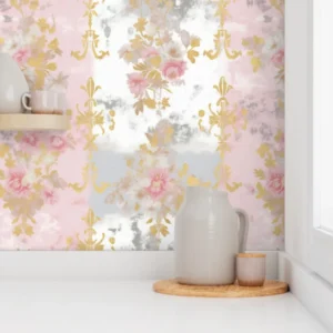 Wallpaper in Blush & Gold Retro Damascus Floral Elegance