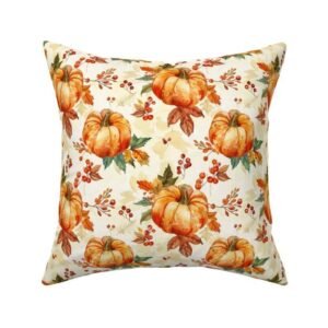 Throw Pillow in Autumn Leaves & Pumpkins