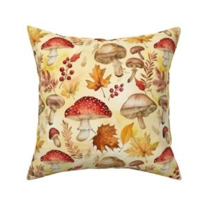 Throw Pillow in Autumn Leaves & Mushrooms Pattern