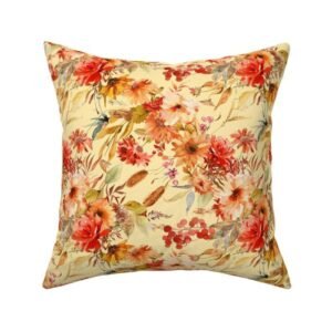 Throw Pillow in Autumn Leaves & Flowers Pattern