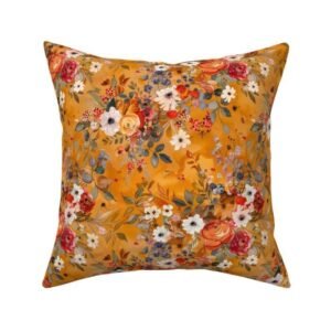 Throw Pillow in Golden Petals & Autumn Leaves