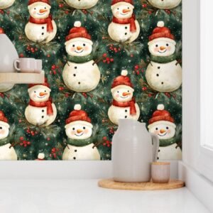 Wallpaper in Frosty Charm Vintage Snowman in Evergreen Wonderland