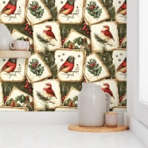 Wallpaper in Evergreen Harmony Vintage Birds in Holiday Style
