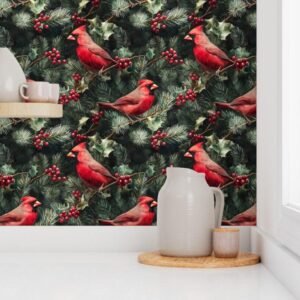 Wallpaper in Yuletide Nesting Cute Birds & Holiday Greenery