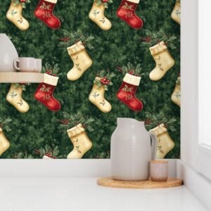 Wallpaper in Rustic Holiday Charm Cozy Stockings Design
