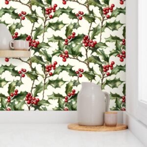 Wallpaper in Retro Christmas Elegance Berries and Leaves Delight