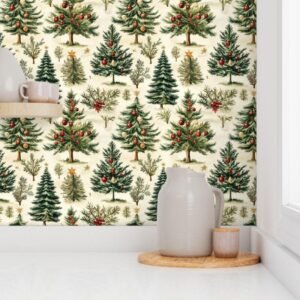 Wallpaper in Retro Holiday Forest Vintage Christmas Trees Delight