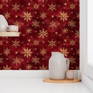 Wallpaper in Elegant Retro Holiday Golden Snow on Red