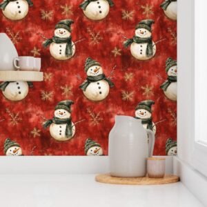 Wallpaper in Royal Red Christmas Snowman & Gold Snow Design