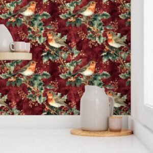 Wallpaper in Lovely Retro Red Birds Holiday Tree Design