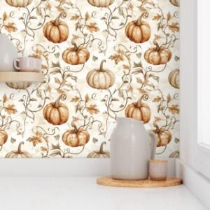 Wallpaper in Lovely Fall Autumn Leaves & Pumpkin Pattern