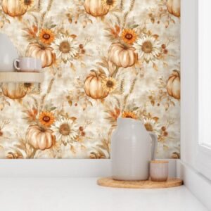 Wallpaper in Lovely Autumn Leaves and Pumpkin Pattern