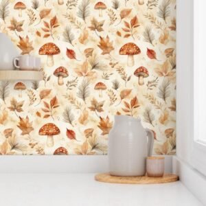 Wallpaper in Fall Autumn Romantic Leaves & Mushroom Pattern