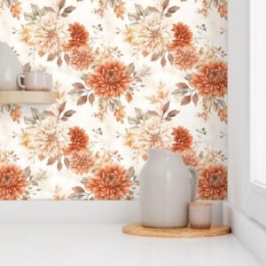 Wallpaper in Fall Autumn Romantic Leaves & Flowers Pattern