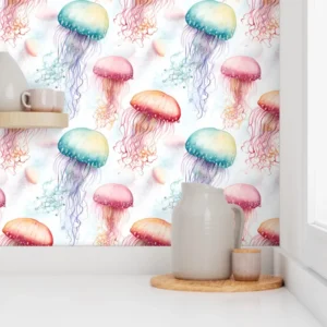 Wallpaper in Whimsical Jellyfish Nursery Watercolor Pattern