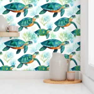 Wallpaper in Gentle Sea Turtles Nursery Watercolor Pattern