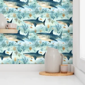 Wallpaper in Playful Baby Sharks Nursery Watercolor Pattern