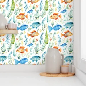 Wallpaper in Playful Tropical Fish Nursery Watercolor Pattern