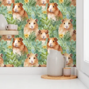 Wallpaper in Lovely Guinea Pigs Nursery Watercolor Pattern