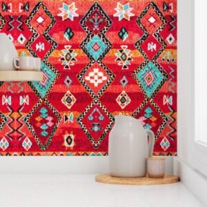 Fabric in Vibrant Red Boho Moroccan Textile Pattern