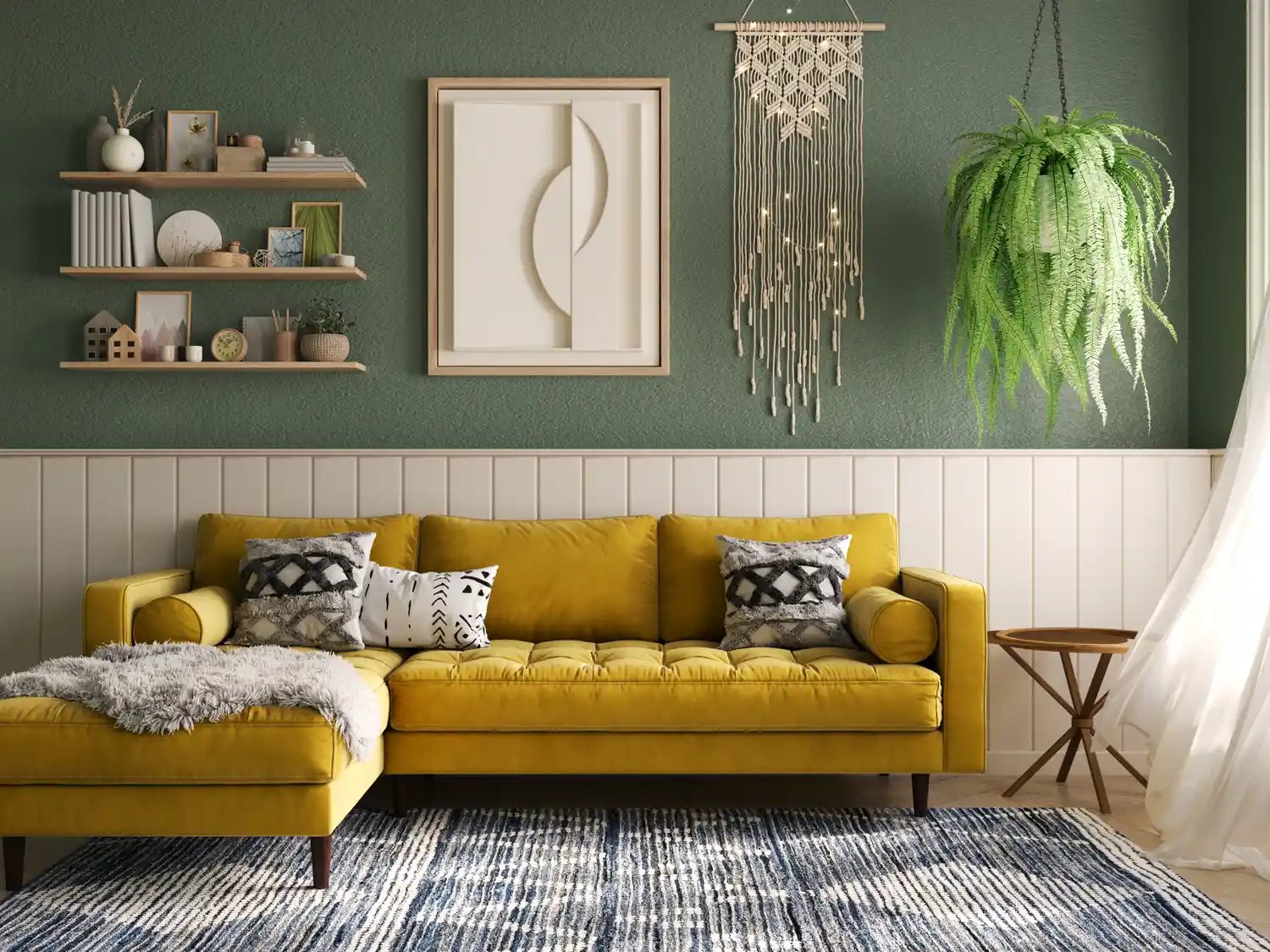 A modern living room with a yellow couch wall art a macrame decoration and a hanging plant