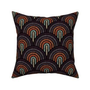 Throw Pillow in Retro Embroidery Rainbow – Dark Boho Scallop Pattern