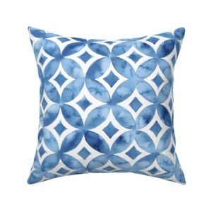 Throw Pillow in Indigo Watercolor Petal – Modern Blue Geometric Tile