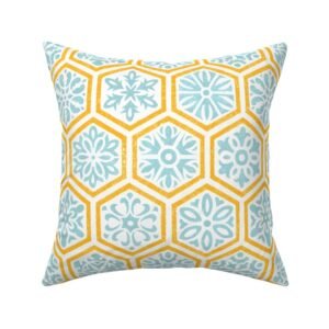 Throw Pillow in Retro Boho Hexagon – Aqua & Mustard Floral Tile