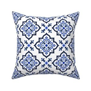 Throw Pillow in Blue Azulejo Tile – Mediterranean Damask Floral