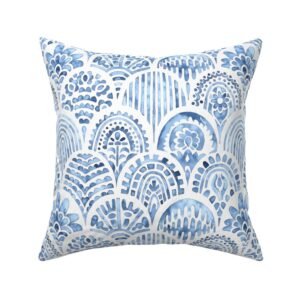 Throw Pillow in Watercolor Boho Arches – Blue Tribal Scallop