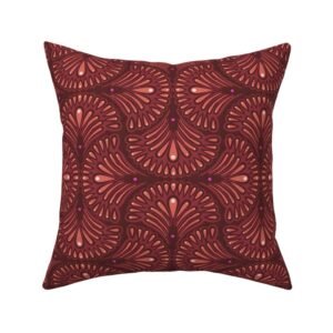 Throw Pillow in Terracotta Art Nouveau Fans Rose & Plum Floral Lace