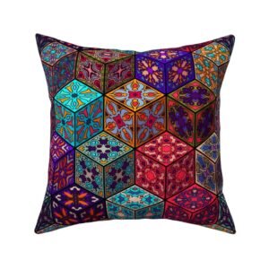 Throw Pillow in 3D Kaleidoscope Cubes Jewel Tone Geometric Patchwork
