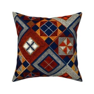 Throw Pillow in Indigo & Terracotta Hand-Stitch Mosaic Ethnic Tribal Geometric