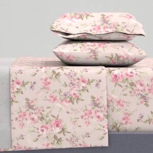 Sheet Set in Mid Century Cottage Blossoms Vintage Pink Floral Artistry