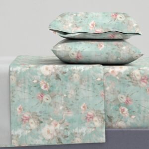 Sheet Set in Retro Garden Whispers Vintage Mid-Century Green with White Florals