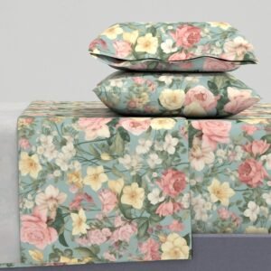 Sheet Set in Watercolor Blossoms in Yellow and Pink with a Light Green Canvas