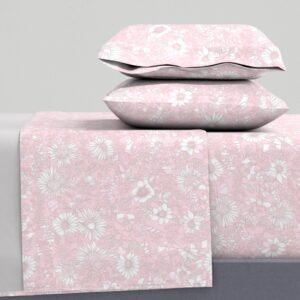 Sheet Set in Whimsical Cottage Blooms Pink Mid-Century Florals in Rustic Elegance