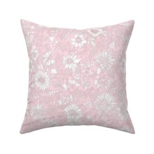 Throw Pillow in Whimsical Cottage Blooms Pink Mid-Century Florals in Rustic Elegance