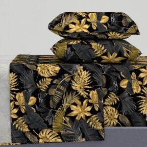 Sheet Set in Golden Oasis Opulent Black and Gold Palm Leaves