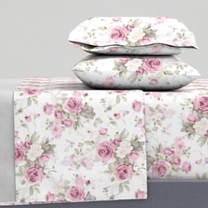 Sheet Set in Whimsical Blooms Mid-Century Cottage White and Purple Rose Pattern