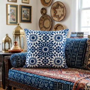 Blue and White Moroccan Geometric Tile Pillow