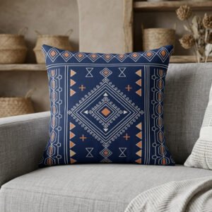 Indigo and Ochre Geometric Moroccan Tribal Illustration Pillow