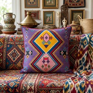 Vibrant Geometric Bohemian Moroccan Kilim Pattern Pillow